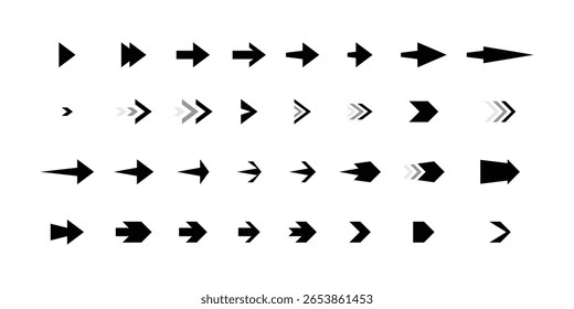 Setas de ícone de vetor preto minimalista. Setas duplas e ponteiros grossos. Defina para design de interface do usuário, infográficos e navegação na Web.