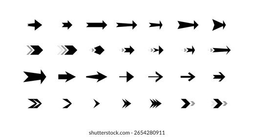 Minimalist black vector icon arrows. Double arrows and thick pointers. Set for UI UX design, infographics and web navigation.