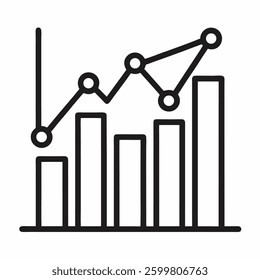 Minimalist black vector icon of a bar chart with a line graph overlay, representing business growth, financial analysis, and data trends.
