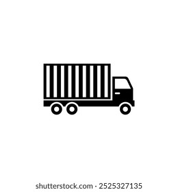 Icono de Vector negro minimalista de un camión de carga con contenedor, vista lateral, que representa el transporte de carga y la logística.