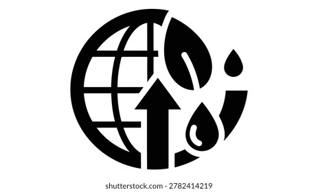 A minimalist black vector icon depicting a globe combined with a leaf, an upward-pointing arrow, and water droplets, symbolizing sustainable development.