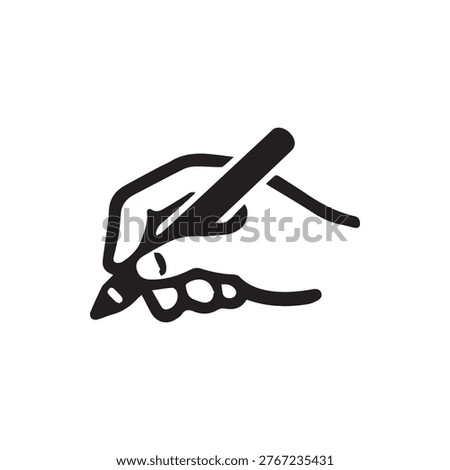 A minimalist black vector icon depicting a hand grasping a pen, poised for writing, drawing, or signing tasks. Ideal for design and educational purposes.