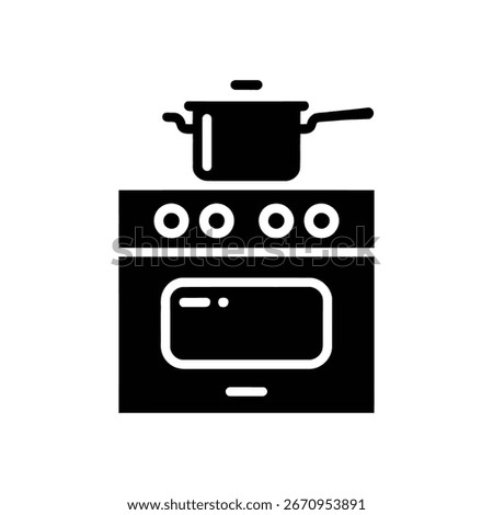 Minimalist black vector icon displaying an oven with four stove top burners and a pot, presented on a clean white background for versatile usage.