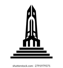 A minimalist black vector icon featuring a stylized tower structure rising from tiered steps, suitable for architectural logos, corporate branding, and graphic design.