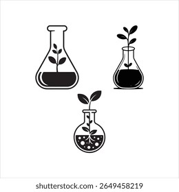 Ein minimalistisches schwarzes Vektorsymbol eines Laborkolbens mit einer kleinen Pflanze, die im Inneren sprießt und Wachstum, Nachhaltigkeit, umweltfreundliche Wissenschaft und Innovation in der Biotechnologie symbolisiert. Perfekt für den Einsatz in 