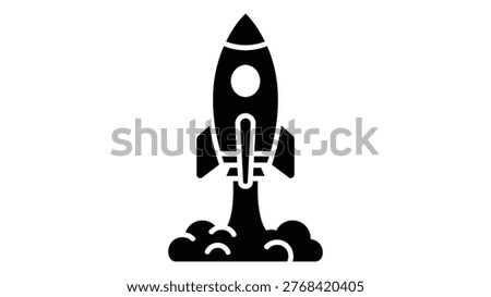 A minimalist black vector icon of a rocket launching into space, featuring a plume of smoke at the base, representing startup, innovation, or travel.