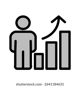 A minimalist black vector icon showing a human figure next to an upward bar chart with an arrow. The illustration symbolizes personal development, achievement, career growth, and success. 