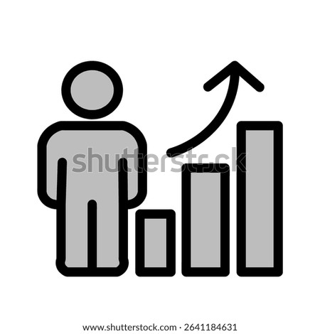 A minimalist black vector icon showing a human figure next to an upward bar chart with an arrow. The illustration symbolizes personal development, achievement, career growth, and success. 