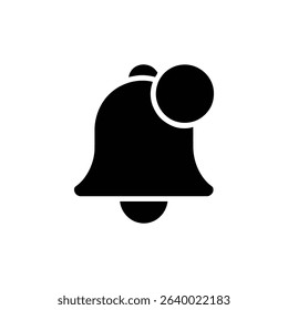 A minimalist black vector icon shows a notification bell with an accompanying circle shape, displayed over a clean white background, perfect for notification representation.