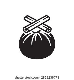 Minimalist black vector icon of a spice pouch topped with crossed cinnamon sticks on a white background, evoking warm aromatic baking and cozy culinary feelings.