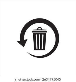 A minimalist black vector icon of a trash bin with a circular arrow, representing actions such as delete, restore, or recycle. Designed in flat style, this versatile symbol is ideal for use in digital