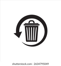 A minimalist black vector icon of a trash bin with a circular arrow, representing actions such as delete, restore, or recycle. Designed in flat style, this versatile symbol is ideal for use in digital