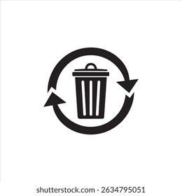 A minimalist black vector icon of a trash bin with a circular arrow, representing actions such as delete, restore, or recycle. Designed in flat style, this versatile symbol is ideal for use in digital