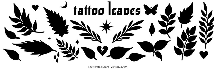 Minimalist black vector illustration in bold tattoo style. Features black leafy branches, stars, hearts, and simple shapes on white background. Clean, graphic, and trendy composition.