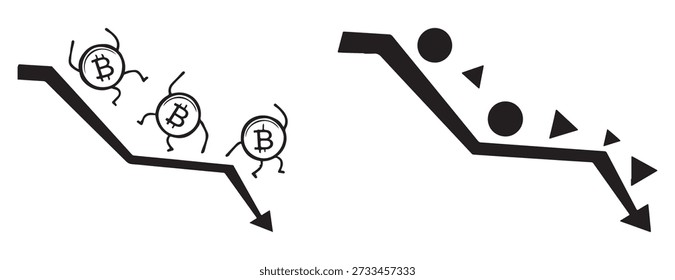 Ilustración vectorial negra minimalista de un gráfico de negocios en declive con Formas geométricas, icono de flecha hacia abajo sobre fondo blanco, apto para pérdida financiera, caída del mercado de valores, EPS 10.