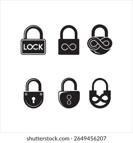 Uma ilustração vetorial preta minimalista de um cadeado com uma manilha em forma de loop infinito. Projetado em um estilo limpo e moderno em um fundo branco, este conceito combina simbolismo de segurança e 