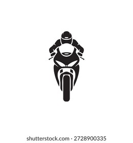 Minimalist black vector illustration of a professional motorcyclist in full gear leaning forward on a high-speed sport bike, front view.