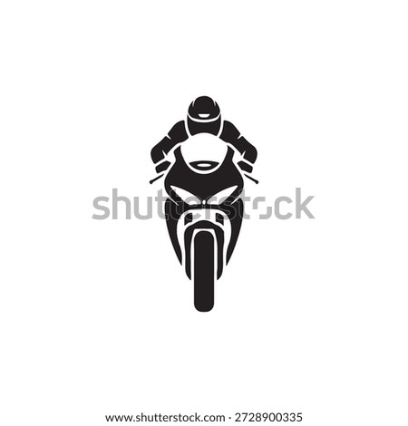 Minimalist black vector illustration of a professional motorcyclist in full gear leaning forward on a high-speed sport bike, front view.