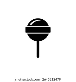 Ilustração de vetor preto minimalista de um doce pirulito redondo em uma vara. Elemento gráfico único que representa um ícone de doce e confeitaria.