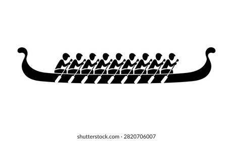 A minimalist black vector illustration showcasing a traditional dragon boat with a team of rowers working in perfect synchronization. The clean silhouette design is ideal for sports graphics or cultural festival event themes on a white background