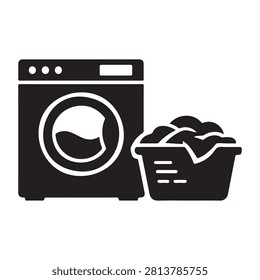 Minimalist black vector illustration showing a modern washing machine appliance beside a full laundry basket icon