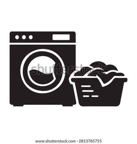 Minimalist black vector illustration showing a modern washing machine appliance beside a full laundry basket icon