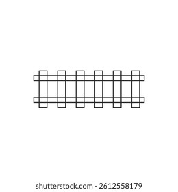 A minimalist black vector illustration shows a section of railroad tracks with parallel rails and perpendicular sleepers, centered on a white background.