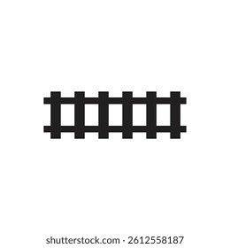 A minimalist black vector illustration shows a section of railroad tracks with parallel rails and perpendicular sleepers, centered on a white background.