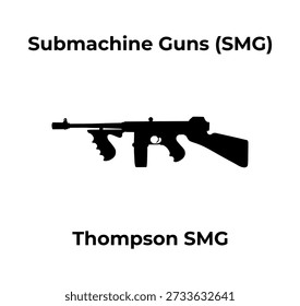 Una silueta minimalista de Vector negro de un subfusil Thompson clásico, con etiquetas de texto sobre un fondo blanco.