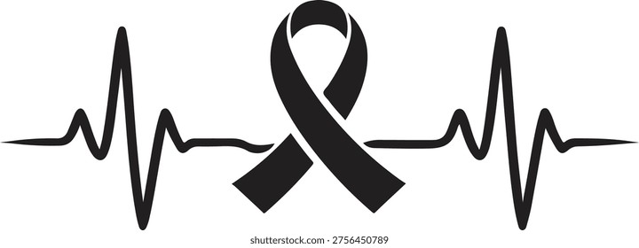 A minimalist black vector silhouette featuring a breast cancer awareness ribbon integrated with a heartbeat line. This powerful design symbolizes life, survival, strength, and hope for breast cancer patients and survivors. Ideal for breast cancer awareness campaigns, healthcare projects, charity events, and October awareness initiatives. Clean and modern, isolated on white background.