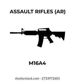 A minimalist black vector silhouette of an M16A4 assault rifle centered on a white background.