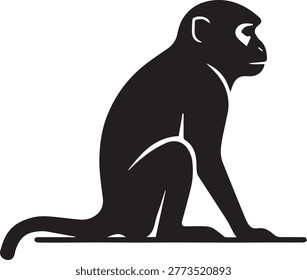 Minimalist black vector silhouette of a sitting macaque monkey. Clean high contrast shape of a primate in a natural pose for zoo and jungle designs.
