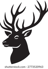 Minimalist black vector silhouette of a stag head profile. Clean high contrast shape of a deer with large antlers for hunting logos and nature branding.