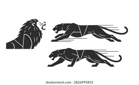 Minimalist black vector stencils of a roaring lion head and fast running panthers representing wild power and speed.
