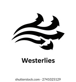 Minimalist black westerlies wind direction symbol with smooth curved lines, ideal for weather apps, nautical charts, and environmental graphics.