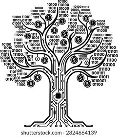 A minimalist black and white 2D vector illustration of an electronic circuit board tree trunk growing upward into branches with binary code numbers and dollar coins as leaves.
