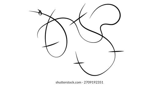 Una composición abstracta minimalista en blanco y negro con líneas fluidas y caligráficas que se curvan y se cruzan sobre un fondo blanco limpio, creando una sensación de movimiento dinámico.