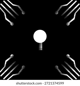 Um abstrato preto e branco minimalista com um orbe branco brilhante central e quatro conjuntos de traços de placa de circuito nos cantos. Design de alto contraste perfeito para marca de tecnologia arrojada e interface de usuário de modo escuro