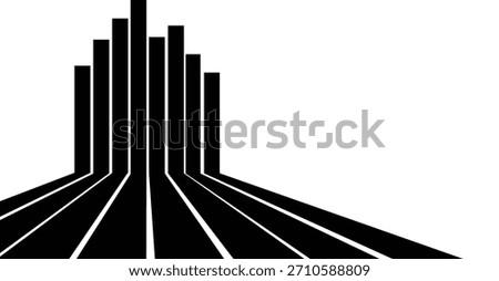 A minimalist black and white abstract graphic design featuring a series of vertical bars resembling a cityscape or data peaks, rising from converging lines creating a strong sense of perspective and depth on a clean white background.