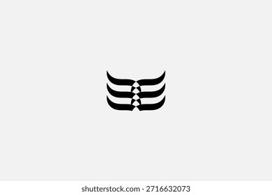 Logotipo abstracto minimalista en blanco y negro con curvas espejadas y simetría tejida sobre fondo gris claro