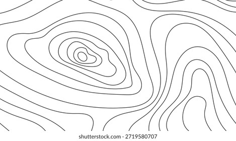 Un patrón abstracto minimalista en blanco y negro con una serie de líneas de contorno fluidas que sugieren un mapa topográfico con curvas orgánicas y un pico concentrado central