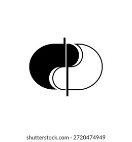 A minimalist black and white abstract representation of the Yin Yang symbol, divided by a prominent vertical line.