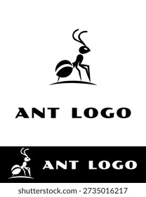Minimalist black and white ant logo design featuring a stylized ant with detailed legs and antennae