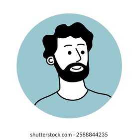 Minimalist black and white avatar of a bearded man with curly hair inside a blue circular background. Modern and simple design for profile or user icon. Vector illustration