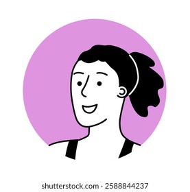 Minimalist black and white avatar of a smiling woman with a ponytail, wearing a tank top. The background is a purple circle. Concept of user profile or digital identity. Vector illustration