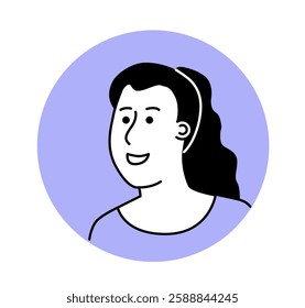 Minimalist black and white avatar of a smiling woman with long hair tied back, on a circular light purple background. Simple and modern icon for profile representation. Vector illustration