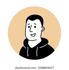 Minimalist black and white avatar of a smiling man in a hoodie, set against a beige circular background. Modern and simple design concept. Vector illustration