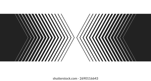 Plano de fundo preto e branco minimalista com seta para a esquerda. Linhas abstratas espessas com padrão simples. Ilustração de vetor