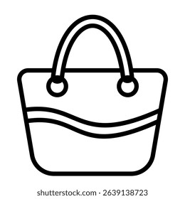 Minimalist black and white bag icon with curved line details and handle is presented in a simple design, perfect for shopping, travel, or summer themed designs.