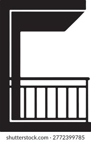 Minimalist black and white of a balcony with a railing and overhanging roof structure